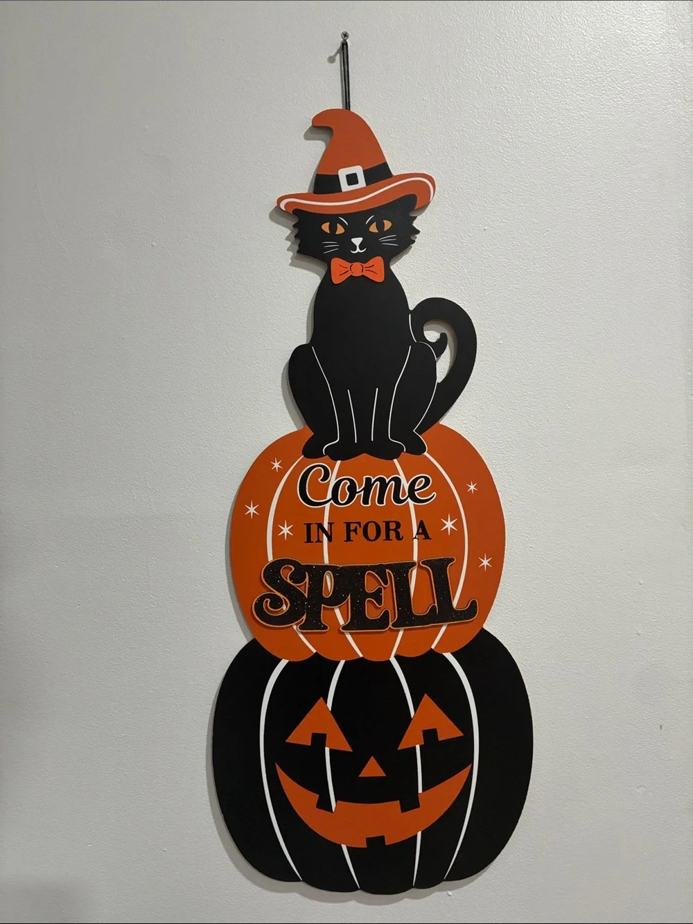 NWT- 35” Come in for a SPELL- Black Cat Witch Stacked Jack-o-lantern- Wood Sign
